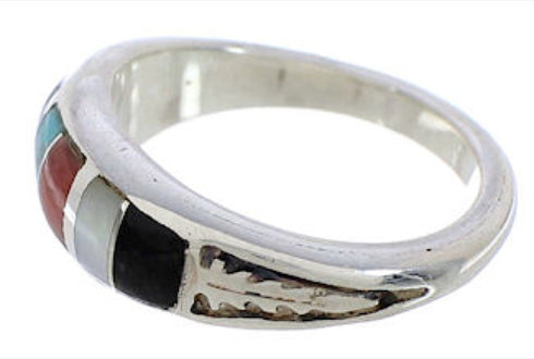 Southwestern Sterling Silver Multicolor Inlay Ring Size 4-3/4 UX35244