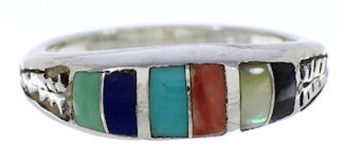 Southwestern Sterling Silver Multicolor Inlay Ring Size 7-1/4 UX35302