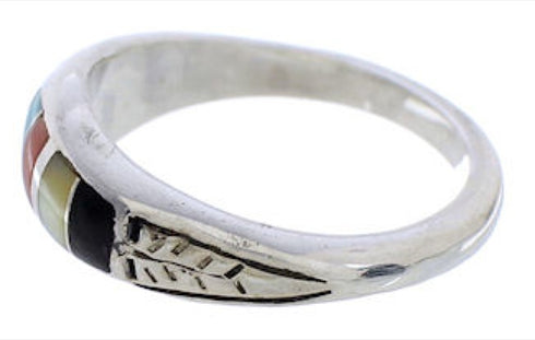 Southwestern Sterling Silver Multicolor Inlay Ring Size 7-1/4 UX35302