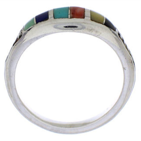 Southwestern Sterling Silver Multicolor Inlay Ring Size 7-1/4 UX35302