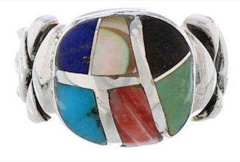 Southwestern Silver Multicolor Inlay Ring Size 6-1/4 TX40026