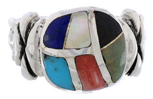 Southwestern Multicolor Inlay Silver Ring Size 6-3/4 TX40064