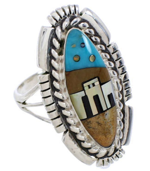 Multicolor Native American Design Silver Ring Size 7-3/4 WX41444