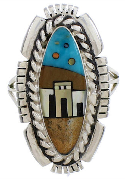 Multicolor Native American Design Silver Ring Size 7-3/4 WX41444