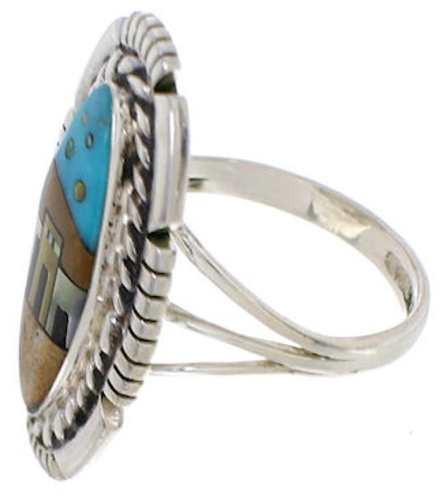 Multicolor Native American Design Silver Ring Size 7-3/4 WX41444