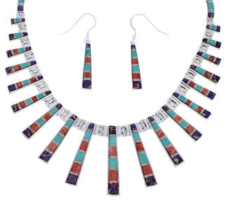 Southwestern Multicolor Inlay Silver Earrings And Necklace Set PX38011