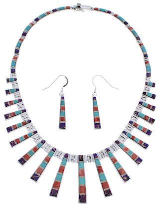 Southwestern Multicolor Inlay Silver Earrings And Necklace Set PX38011