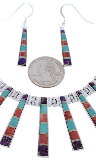 Southwestern Multicolor Inlay Silver Earrings And Necklace Set PX38011