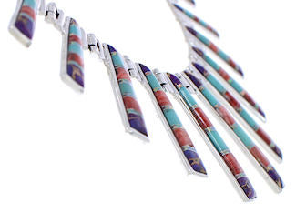 Southwestern Multicolor Inlay Silver Earrings And Necklace Set PX38011