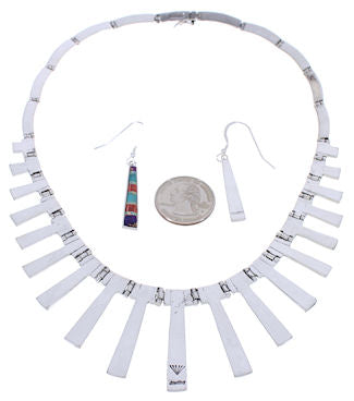 Southwestern Multicolor Inlay Silver Earrings And Necklace Set PX38011