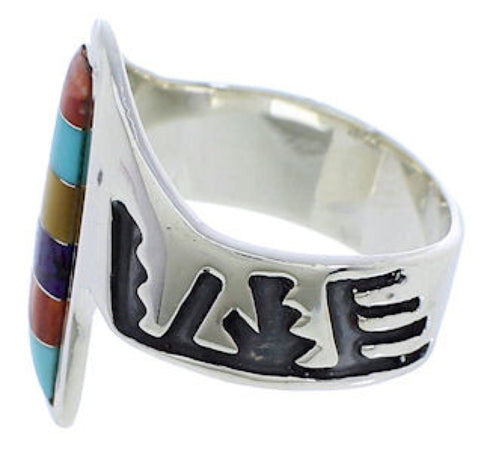 Southwestern Silver Multicolor Inlay Ring Size 7-3/4 EX40939