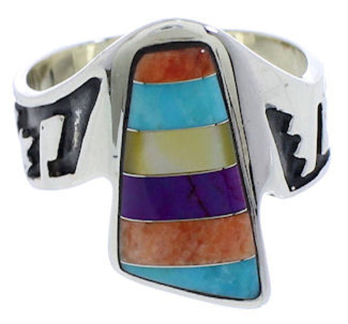 Genuine Steling Silver Multicolor Inlay Ring Size 8-3/4 EX40948