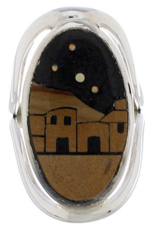 Native American Pueblo Design Multicolor Inlay Ring Size 8 EX44172