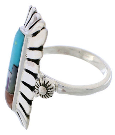 Multicolor Native American Design Silver Ring Size 8-3/4 EX42366