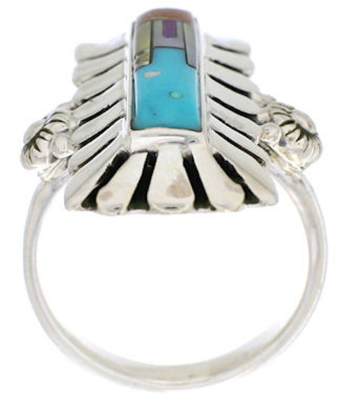 Multicolor Native American Design Silver Ring Size 8-3/4 EX42366