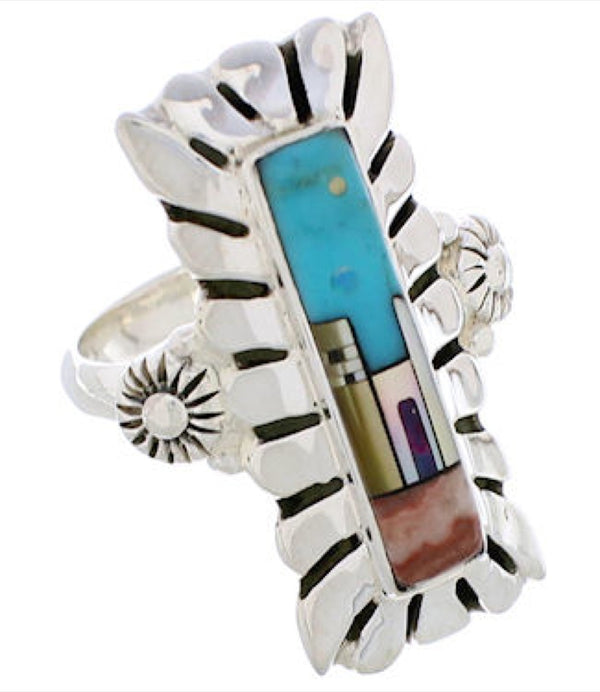 Native American Pueblo Design Multicolor Inlay Ring Size 6-1/2 EX42369