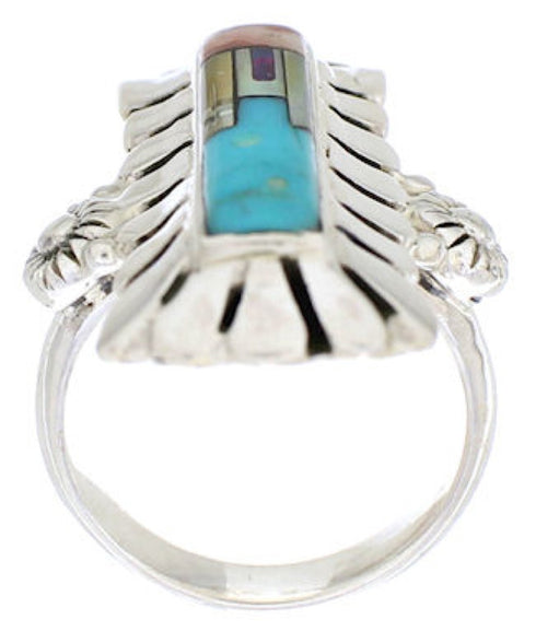 Native American Pueblo Design Multicolor Inlay Ring Size 6-1/2 EX42369