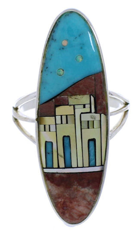 Multicolor Inlay Native American Pueblo Design Ring Size 8-3/4 UX36507