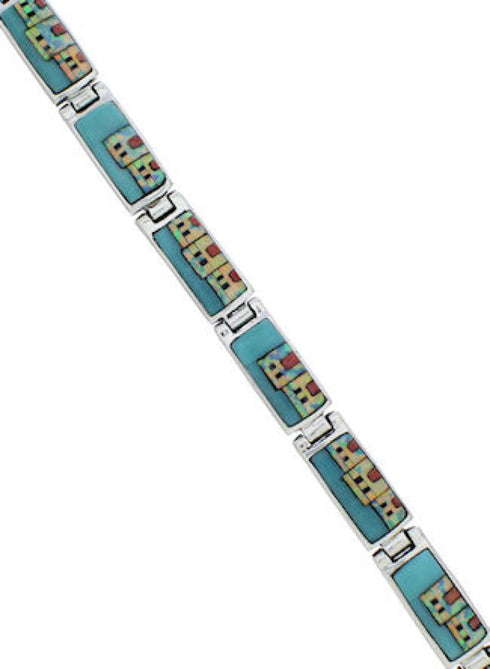 Multicolor Native American Village Design Silver Link Bracelet TX40783