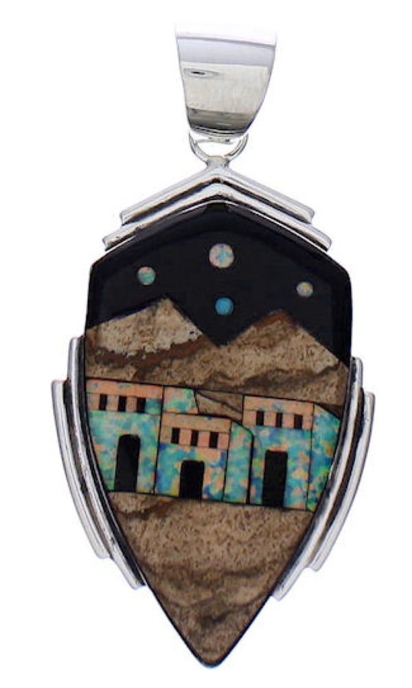 Silver Native American Village Design Multicolor Pendant PX29439