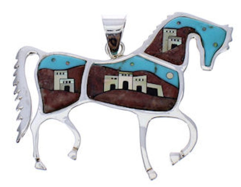 Multicolor Native American Village Design Horse Silver Pendant EX29769