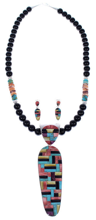 Genuine Sterling Silver And Multicolor Necklace And Earring Set PX35238
