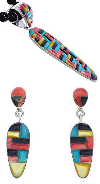 Genuine Sterling Silver And Multicolor Necklace And Earring Set PX35238