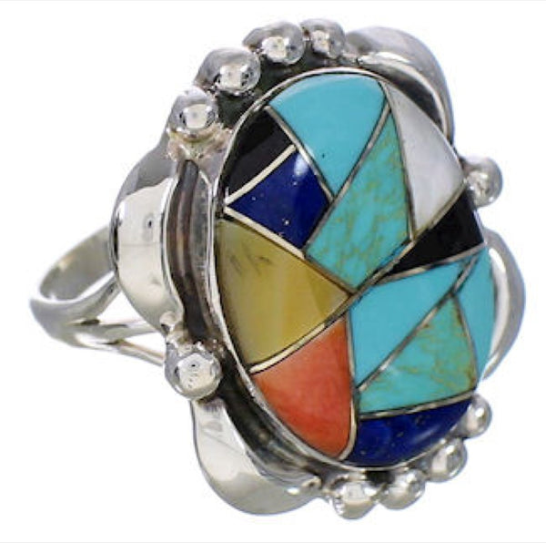 Genuine Sterling Silver And Multicolor Inlay Ring Size 5-1/2 UX33628