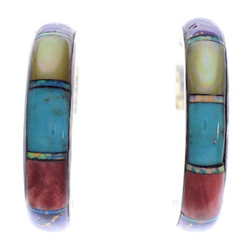 Silver Multicolor Inlay Southwest Post Hoop Earrings PX24867