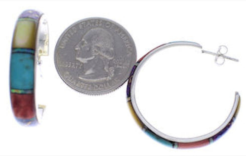 Silver Multicolor Inlay Southwest Post Hoop Earrings PX24867