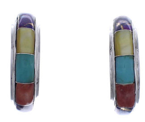 Multicolor Inlay Southwest Silver Post Hoop Earrings Jewelry PX24892