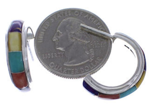 Multicolor Inlay Southwest Silver Post Hoop Earrings Jewelry PX24892