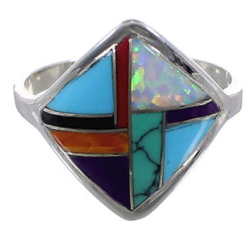Southwest Sterling Silver Multicolor Inlay Ring Size 8-1/2 EX51443