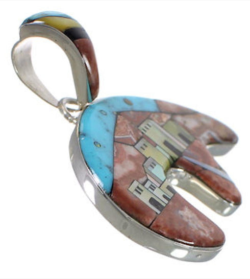 Native American Village Design Bear Multicolor Silver Pendant EX31219