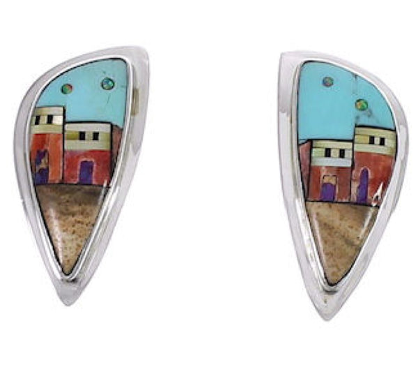 Multicolor Native American Village Design Silver Earrings EX31238