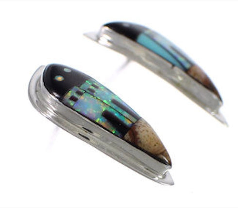 Native American Pueblo Design Multicolor Inlay Silver Earrings EX31244