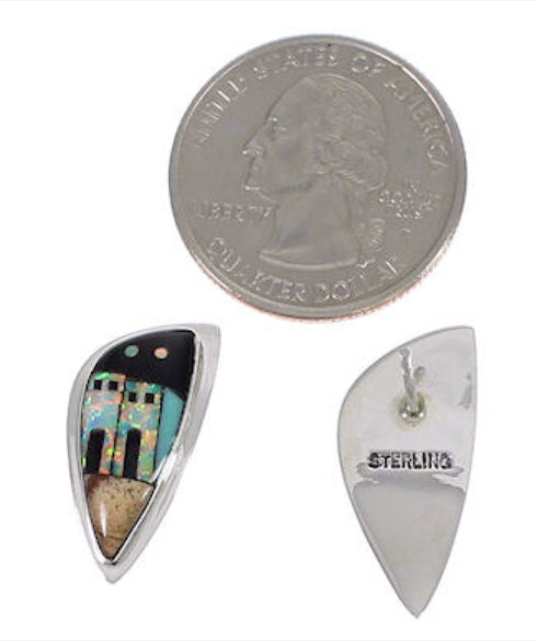 Native American Pueblo Design Multicolor Inlay Silver Earrings EX31244