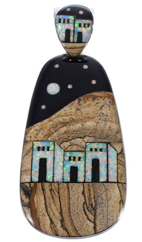 Native American Village Design Multicolor Silver Pendant EX31257