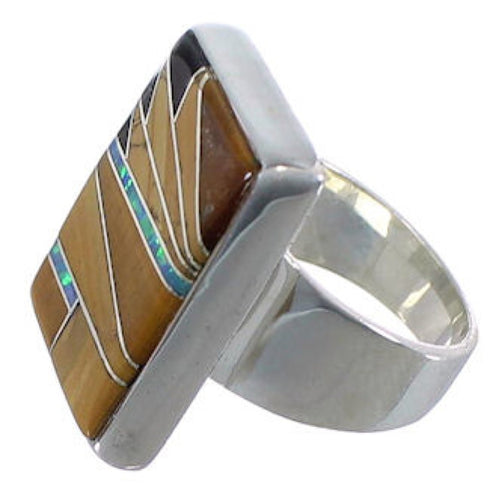 Substantial Multicolor Inlay Silver Southwest Ring Size 8 WX37737
