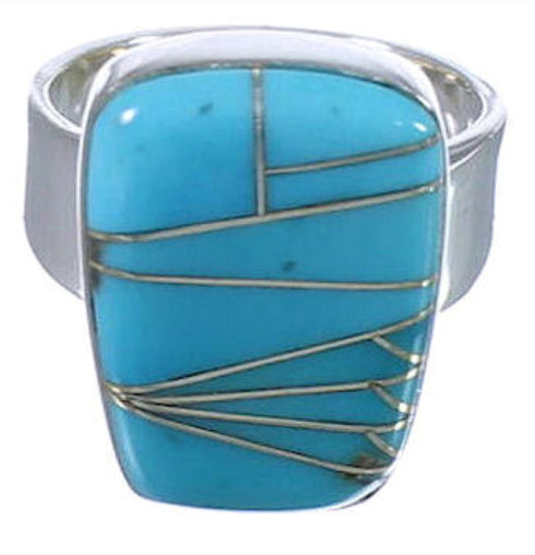 Turquoise Inlay Well-Built Southwestern Ring Size 8-1/4 EX40367