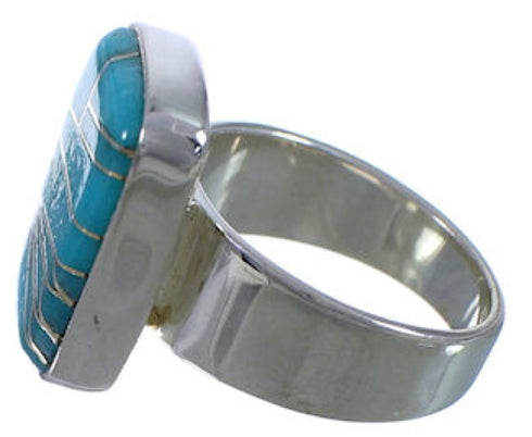 Turquoise Inlay Substantial Silver Ring Size 7-1/4 EX40374