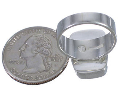 Turquoise Inlay Substantial Silver Ring Size 7-1/4 EX40374