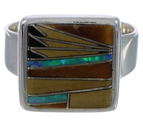 Well-Built Silver Southwest Multicolor Inlay Ring Size 7-1/4 WX39909