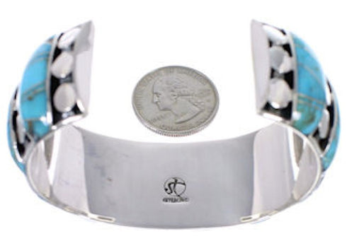 Genuine Sterling Silver Turquoise Inlay Heavy Cuff Bracelet MX27413
