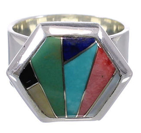Well-Built Multicolor Inlay Silver Ring Size 7-3/4 EX40617