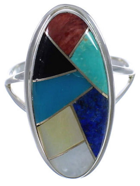 Genuine Sterling Silver Multicolor Inlay Ring Size 7-1/2 UX34182