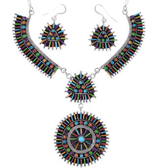 Silver Jewelry Turquoise Multicolor Link Necklace Set HS28583