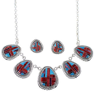 Sterling Silver Turquoise Multicolor Inlay Link Necklace Set HS28531