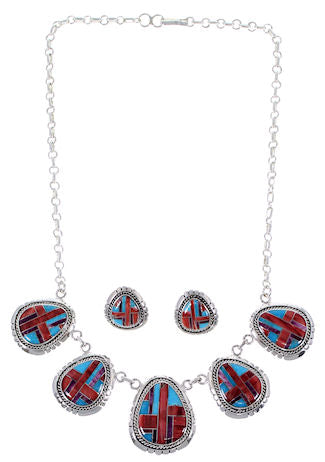 Sterling Silver Turquoise Multicolor Inlay Link Necklace Set HS28531