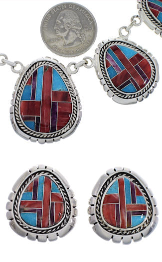 Sterling Silver Turquoise Multicolor Inlay Link Necklace Set HS28531